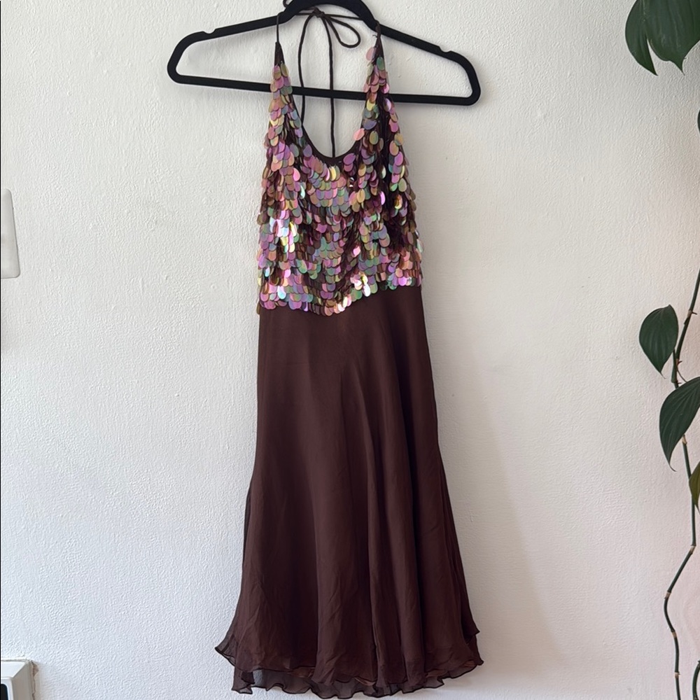 Vintage Kay Unger Brown Halter Dress with Sequin Detail